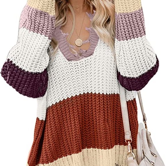 Miracle Sweaters - Miracle Fall Color Block Sweater Boho Cozy Oversized Distressed Chunky Comfy